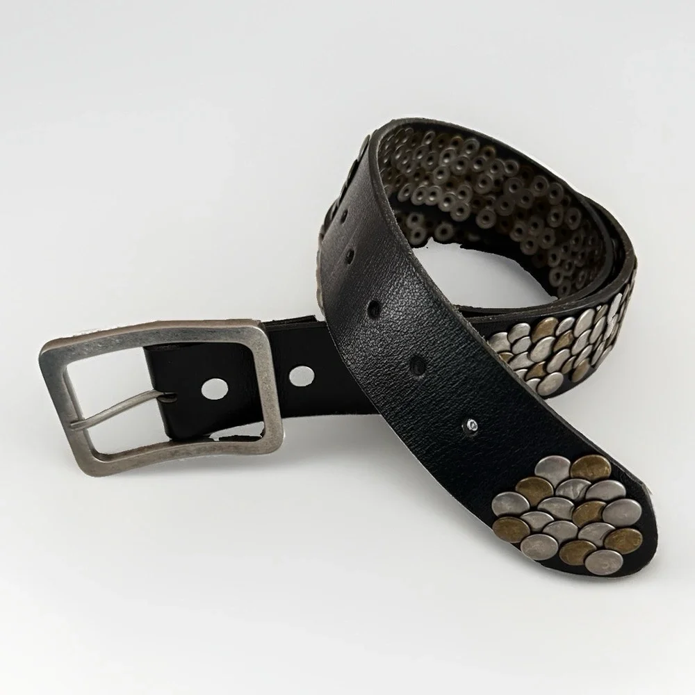 Men's Leather Island Sak's Fifth Ave Leather Studded Black Belt Size 34 Rare